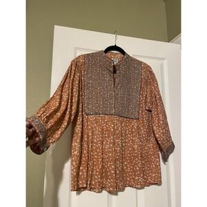 Sister Mary Blouse Womens Small Orange Floral Embroidered Boho Tunic Henley Top
